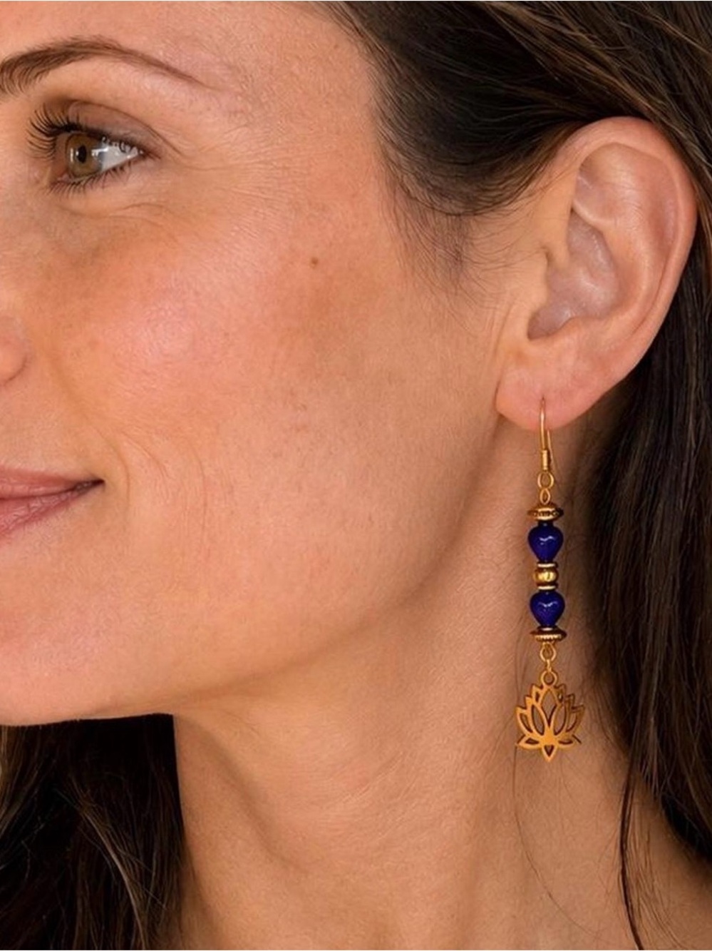 Gold Lotus Earrings w/Heart-Shaped Deep Blue Glass Beads & Antique Accents